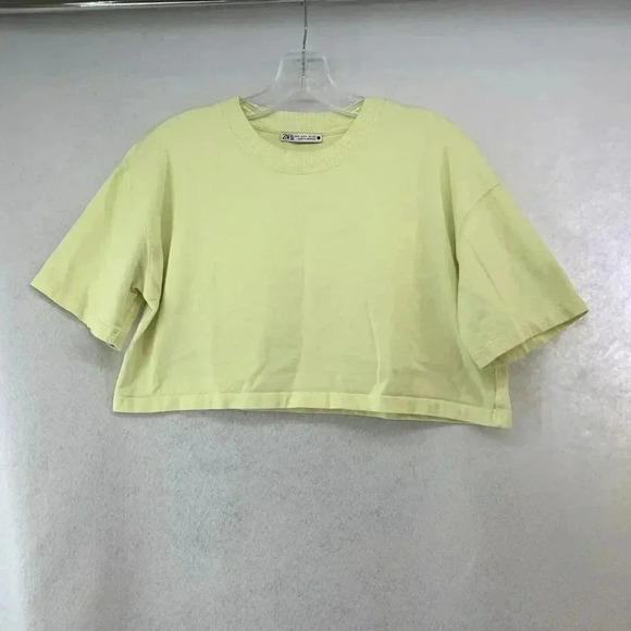 Zara Women’s Neon Yellow Cropped Short Sleeve Sweatshirt‎ Size Small - Picture 1 of 5